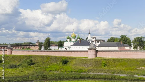 Suzdal, Russia. Flight. The Saviour Monastery of St. Euthymius is a monastery in Suzdal, founded in 1352, Aerial View Hyperlapse photo