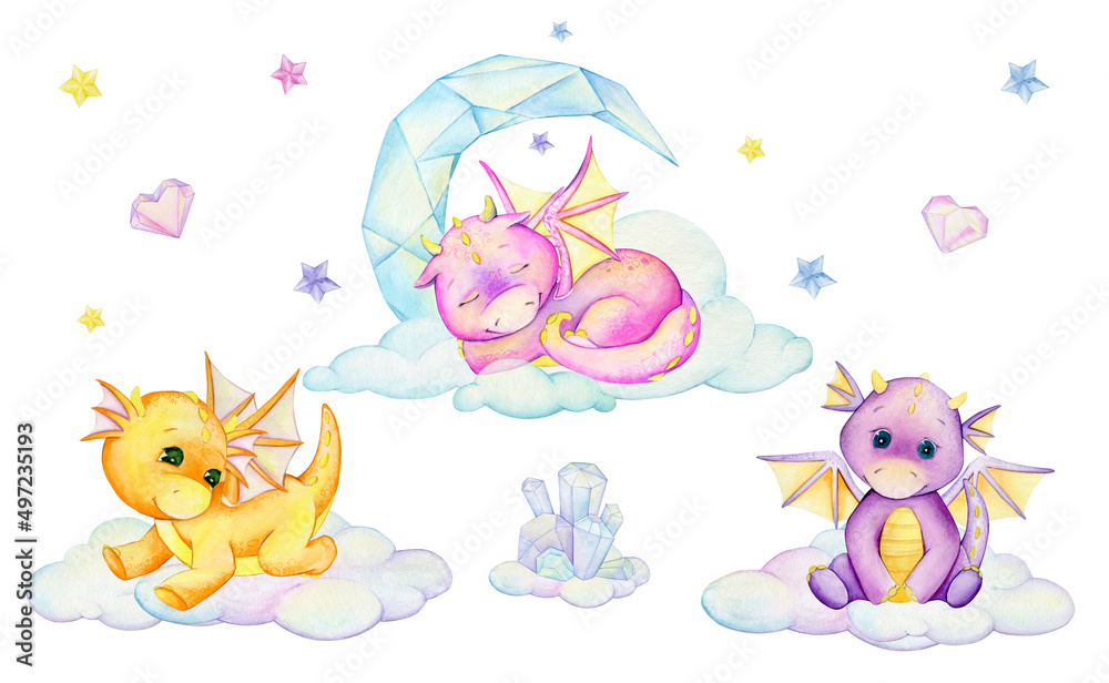 Dragons, clouds, crystals. Watercolor set of cliparts, in cartoon style, on an isolated background.