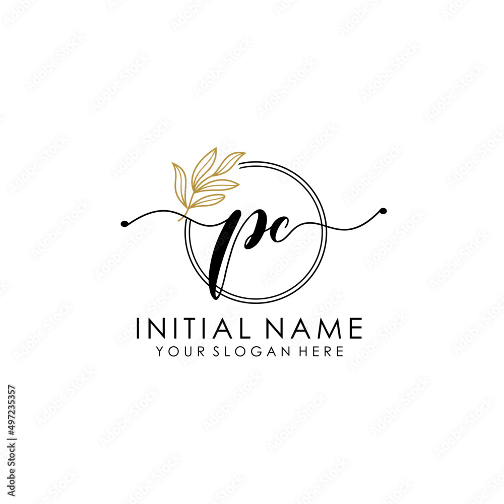PC Luxury initial handwriting logo with flower template, logo for beauty, fashion, wedding, photography