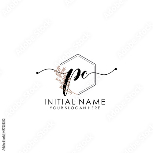 PC Luxury initial handwriting logo with flower template, logo for beauty, fashion, wedding, photography