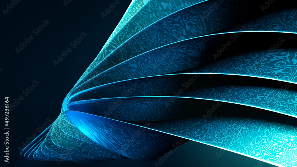 Obraz premium 3d render of twisting modern abstract curvy geometric metallic shape with damascene pattern. Concept design for product or as background. Banner or sign design. Modern cover template in blue and cyan