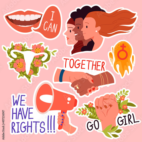 Set of feminism supporting stickers. Woman rights and gender equality, girls power and opportunities, feminists movements with human solidarity cartoon vector illustration