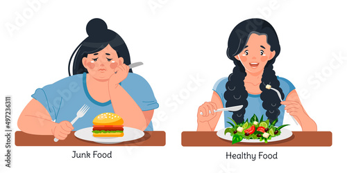 Healthy food versus unhealthy food. Fat and slender girls