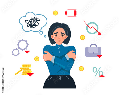 Sad girl during the economic crisis. Market volatility and financial planning