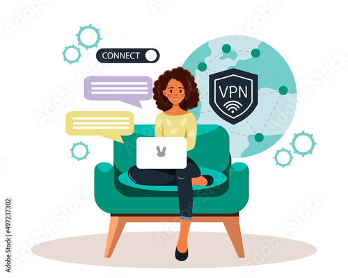 An African-American woman uses a VPN to protect her personal data on her computer