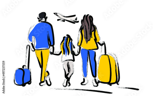 A family with suitcases looks at a plane taking off into the sky. Wife, husband and daughter are waiting for their flight at the airport. Modern design of people forced to leave their home. Vector.