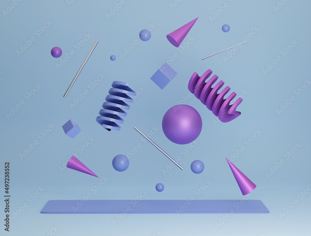 light blue background with 3d geometric shapes in blue colors and metal bars light blue background with 3d geometric shapes in blue colors and metal bars
