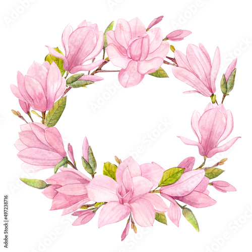 A wreath of Magnolia flowers. An illustration drawn in watercolor. Spring pink flowers. Wedding.