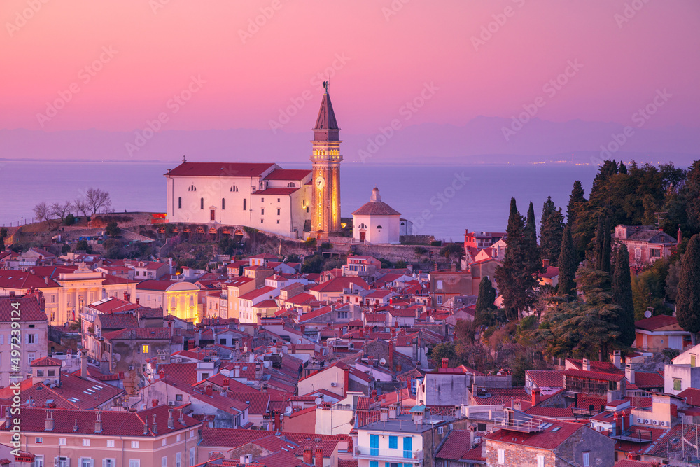 Piran, Slovenia. Aerial cityscape image of beautiful Piran, Slovenia at spring sunset.