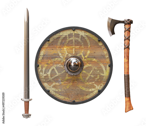 Viking Shield, Axe and Sword isolated on White Background. 3D illustration