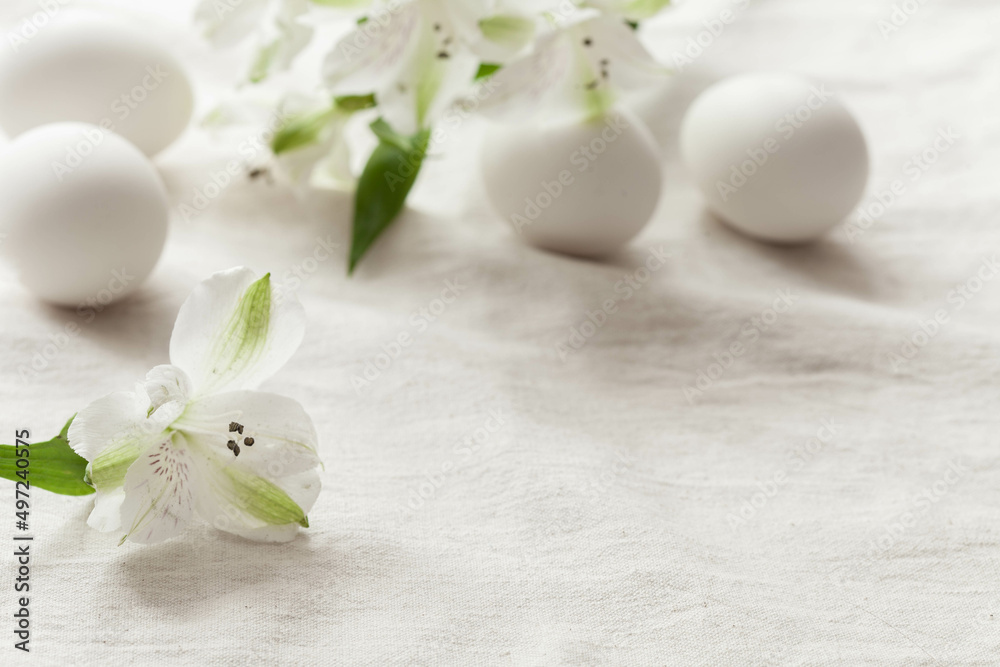 White flower and white eggs. Happy easter concept