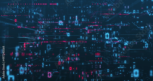 Digital data network illustration depicting binary code calculations and data processing. 
Code digits, lines and abstract point clouds form a complex computer network on a dark blue background.