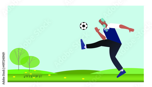 flat character of amateur mature man playing football or soccer outside, vector illustration