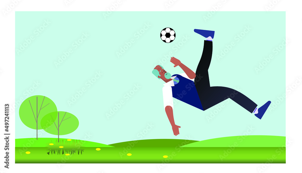 elderly man playing football, jumping in the air and kicking the ball over his head, vector illustration