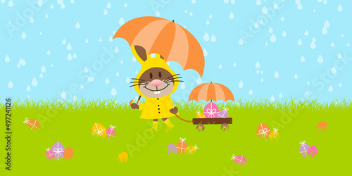 Banner Osterhase Mit Regenschirm Handwagen In Wiese Bunte Ostereier Regen