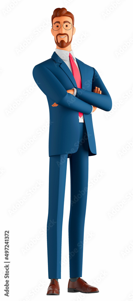 Young businessman wearing eyeglasses, suit and shirt, holding arms crossed, looking at camera with happy confident smile, standing against a white background. 3d illustration Young businessman wearing eyeglasses, suit and shirt, holding arms crossed, looking at camera with happy confident smile, standing against a white background. 3d illustration