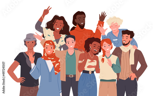 Multicultural and multiethnic team of happy people colleagues standing together vector illustration. Cartoon portrait of group with male and female partners say hello, smile and wave isolated on white
