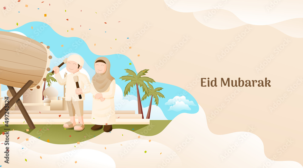 Eid Mubarak Ilustration With Muslim Man Holding Islamic Drum in Front of Mosque and Palm Tree