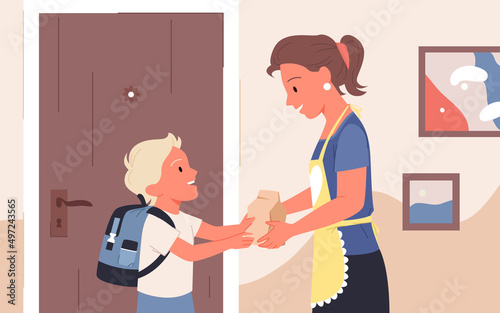 Mother giving daughter paper bag with healthy snack food to school lunch vector illustration. Cartoon woman and girl holding lunchbox, standing at home background. Family care, nutrition concept