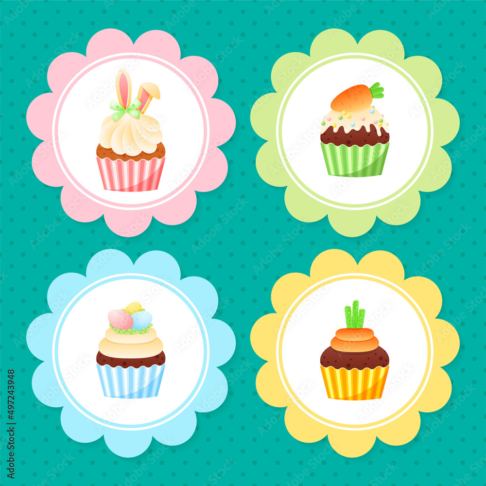 Set of cute Easter cupcake toppers. Bright cartoon illustration of sweet muffins with spring decorations. Vector 10 EPS.