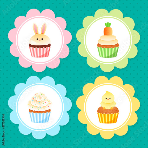 Set of cute Easter cupcake toppers. Bright cartoon illustration of sweet muffins with spring decorations. Vector 10 EPS.