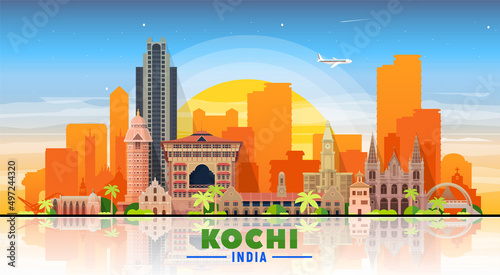Kochi ( India ) city skyline at sky background. Flat vector illustration. Business travel and tourism concept with modern buildings. Image for banner or web site.