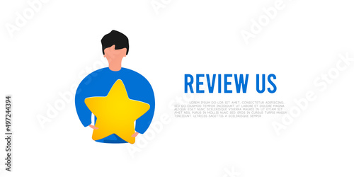 Cartoon man hold yellow star, costumer review illustration