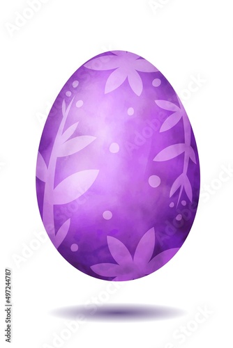 Purple Easter egg decorated with festive floral pattern, watercolored vector illustration. Holiday hand drawn object for Easter