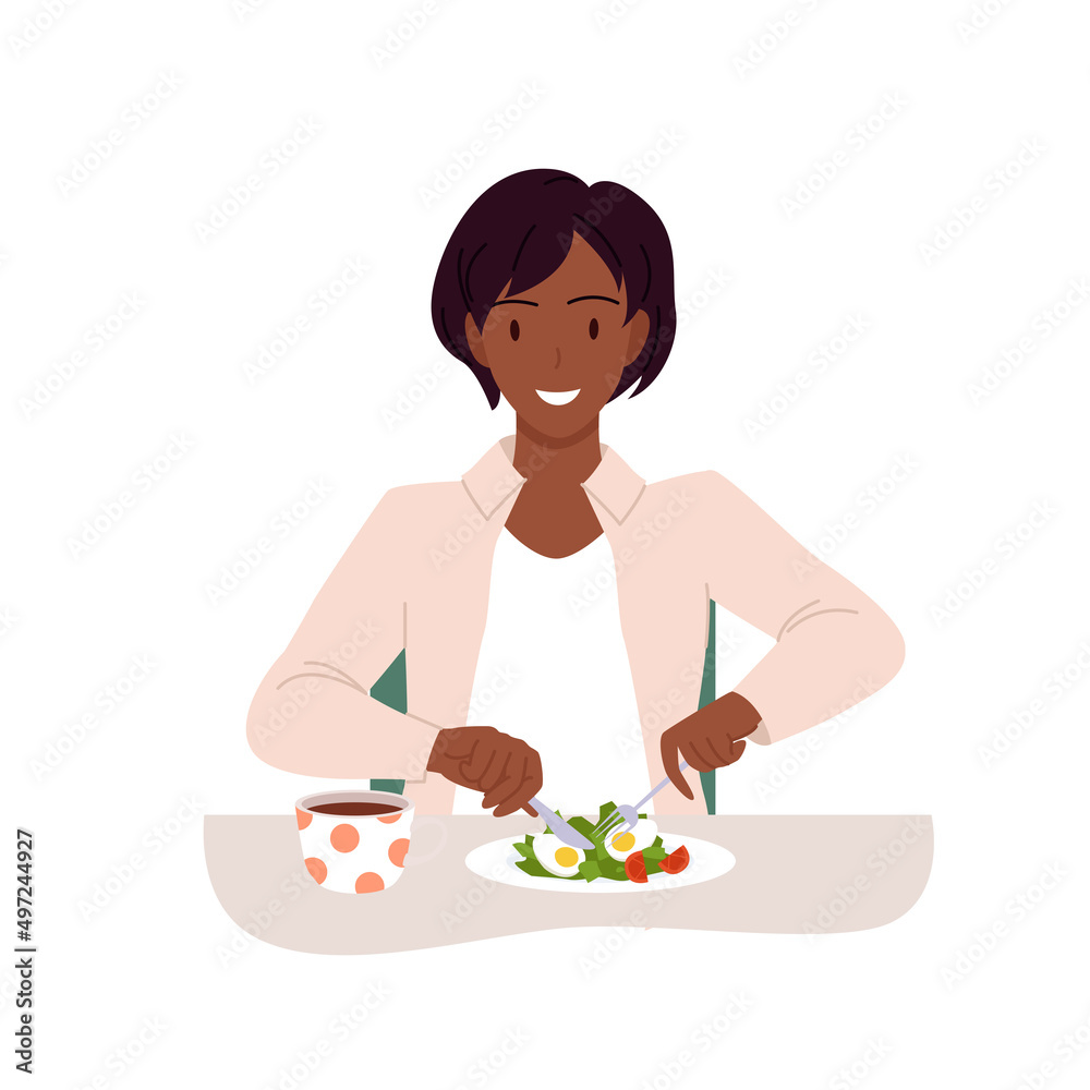 Smiling young lady eating salad and drinking coffee. Having lunch break, healthy and balanced diet, cafeteria food, delivery and takeaway products cartoon vector illustration Smiling young lady eating salad and drinking coffee. Having lunch break, healthy and balanced diet, cafeteria food, delivery and takeaway products cartoon vector illustration