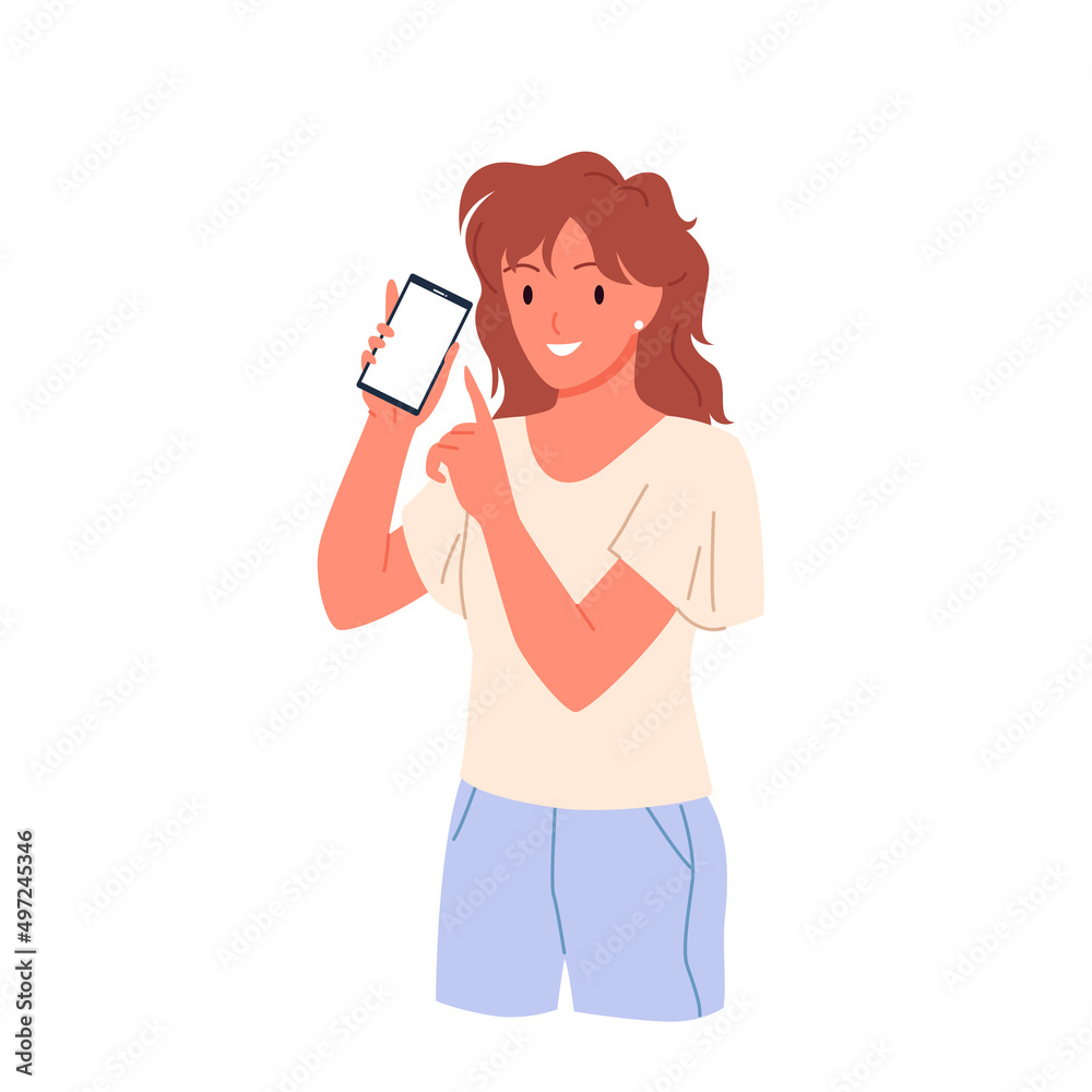 Young woman showing in hands mobile phone with empty screen vector illustration. Cartoon funny girl pointing on display of smart device with finger isolated on white. Connection, gadget concept Young woman showing in hands mobile phone with empty screen vector illustration. Cartoon funny girl pointing on display of smart device with finger isolated on white. Connection, gadget concept