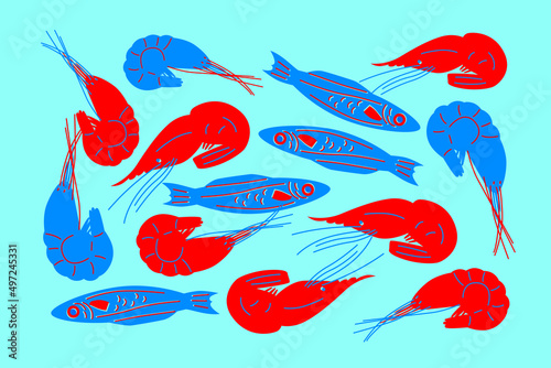 Fish, shrimp, crabs, lobster vector on white background. Set cartoon flat seafood. Illustration for your flyer design. Isolated elements. Drawings for poster, card or background. Red blue color theme