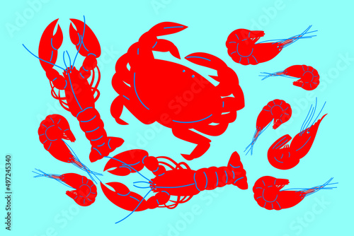 Fish, shrimp, crabs, lobster vector on white background. Set cartoon flat seafood. Illustration for your flyer design. Isolated elements. Drawings for poster, card or background. Red blue color theme