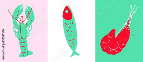 Seafood flat abstract illustration. Crabs, fish and lobster vector. Seafood abstract set icon. Great for flyer, web poster, natural products presentation templates, cover design