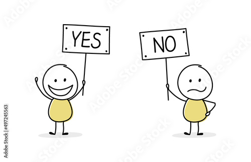 Funny stickmen holding plate with text - yes and no. Vector