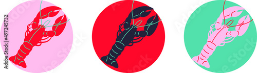 Lobster vector icon hand-drawing. Seafood in flat abstract vector. Seafood concept on blue background. Fish modern still life. Vector design for fish platters, shrimps or lobster, crab. 