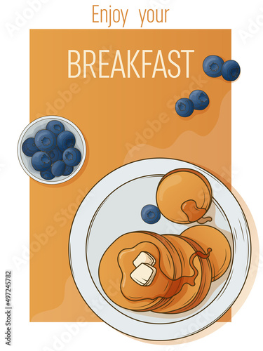 Hand-drawn vector illustration of breakfast with pancakes and blueberries. Perfect for design of poster, banner, website, card, decoration of menu, cafe. In cartoon style