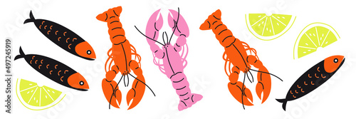  Shrimp, lobster, fish. Seafood vector. Cartoon flat vector seafood ingredients.