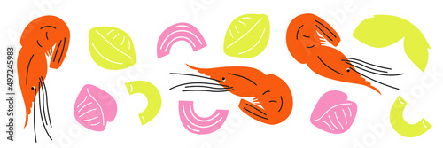 Seafood vector illustration. Can be use for restaurants menu, cover, packaging. Abstract hand drawn banner template. Shrimp, lobster, fish. Cartoon flat vector seafood ingredients. Clip art.