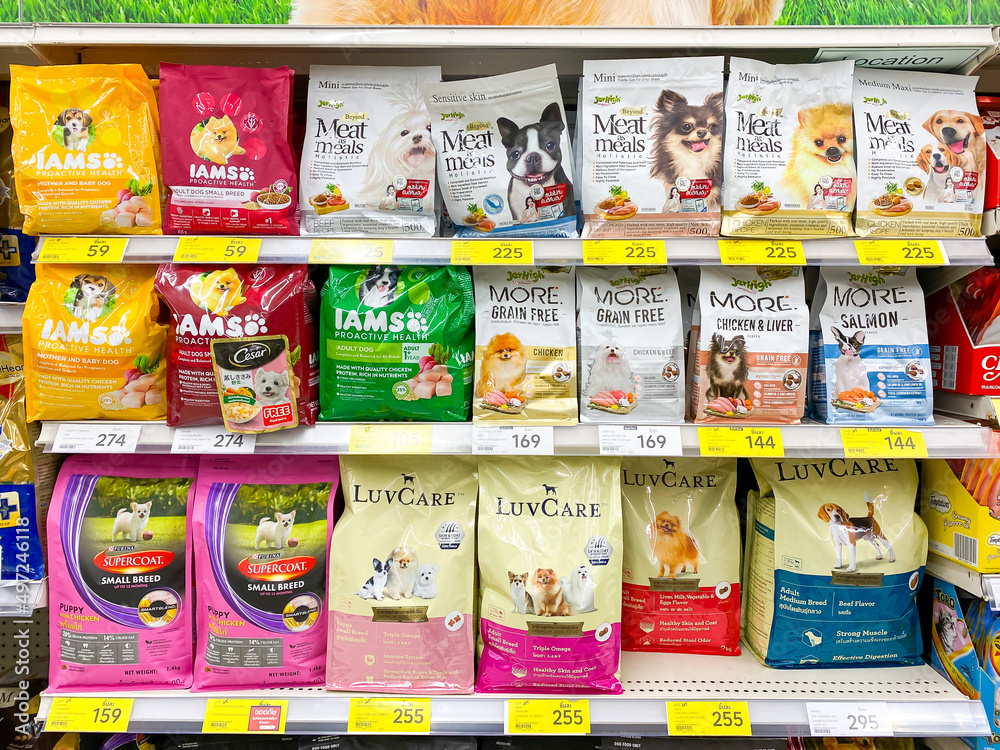 Bangkok Thailand 6 April 2022 Many brand’s of pet food on shelf in