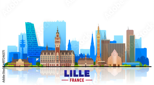 Lille ( France ) city skyline at white background. Flat vector illustration with most famous buildings. Business travel and tourism concept with modern buildings. Image for banner or web site.