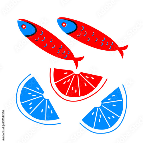Fish and lemon abstract vector illustration. Red blue seafood for menu, cover, packaging.