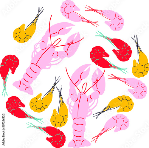 Seafood vector illustration. Can be use for restaurants menu, cover, packaging. Abstract banner template. Shrimp, lobster, fish. Cartoon flat vector seafood ingredients. Clip art. EPS 10.