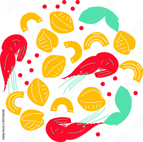 Abstract noodles and seafood set. Italian pasta with shrimps funny cartoon illustration. Vector. Funny colored typography poster, advertising, packaging print design, restaurant menu decoration.