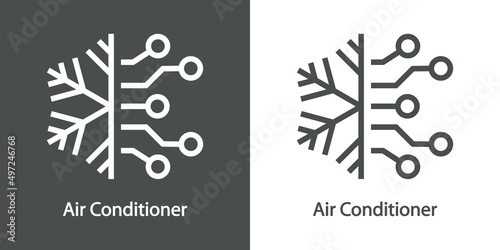 Reparación y servicio de aire acondicionado. Logo con texto Air Conditioner con rueda dentada con circuito digital con líneas en fondo gris y fondo blanco