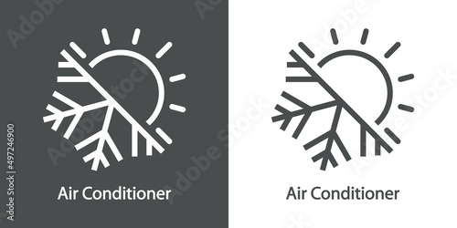 Reparación y servicio de aire acondicionado. Logo lineal con texto Air Conditioner con copo de nieve y sol en fondo gris y fondo blanco