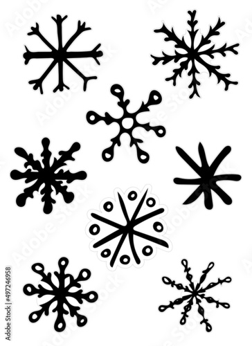 Hand Drawn Black and White Doodle Sketch Snowflake Sticker Pack. Set of Snow for Xmas  Christmas and New Year.