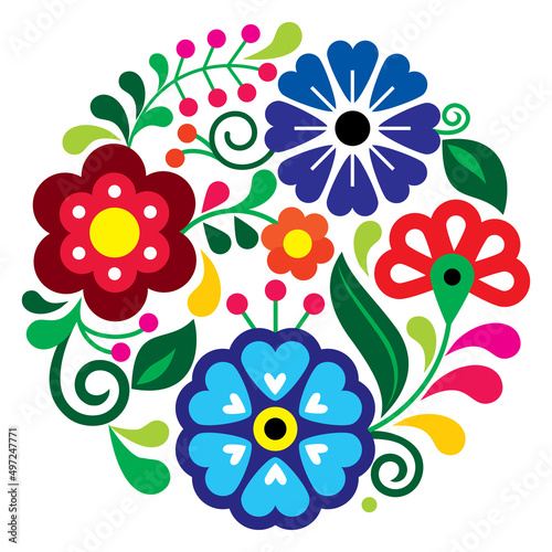 Mexican folk art style vector mandala floral patter, nature composition in circle inspired by traditional embroidery designs from Mexico 