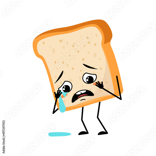 Cute bread character with crying and tears emotion, sad face, depressive eyes, arms and legs. Baking person, homemade pastry with melancholy expression. Vector illustration