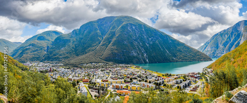 Photography Panoramic shot of houses and fjord surrounded by mountains in Andalsnes, Norway