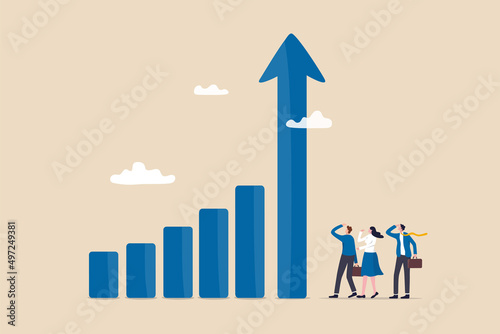 Grow business increase sales and profit, growth or progress to achieve goal and target, improve or development to boost performance concept, business people team looking at high rising up graph arrow.